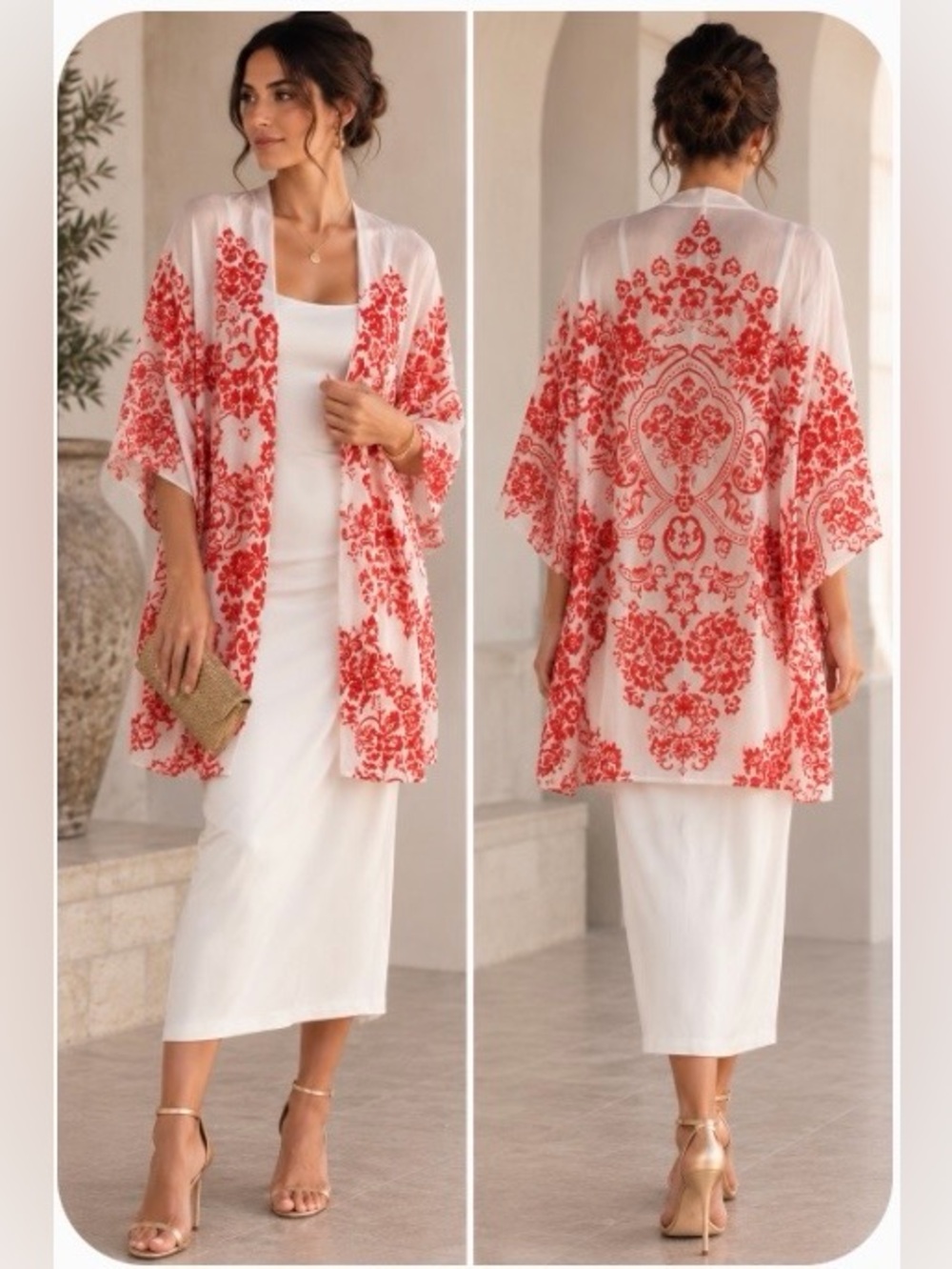 Women's Red & White Printed Kimono Cardigan